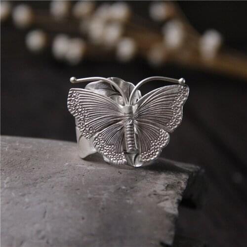 2018 Real New Anel Feminino 925 Sterling Butterfly Ring Ms. Exaggerated Personality Restoring Ancient Ways Handmade Thailand