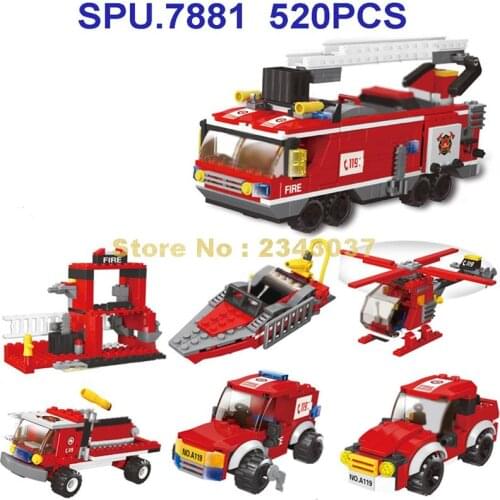 22031 520pcs 6in1 Urban Cars Fire Rescue Truck Fireman Helicopter Boat 6 Dolls Building Blocks Toy