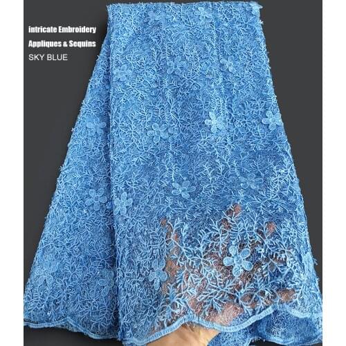 5 yards sky blue 3D neat embroidery African french lace Shiny Nigerian Ghana bridal traditional wear gown dress with sequins