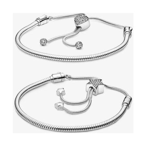925 Sterling Silver Moments Heart Clasp Star Snake Chain Slider Pan Bracelet Woman Jewelry Gift