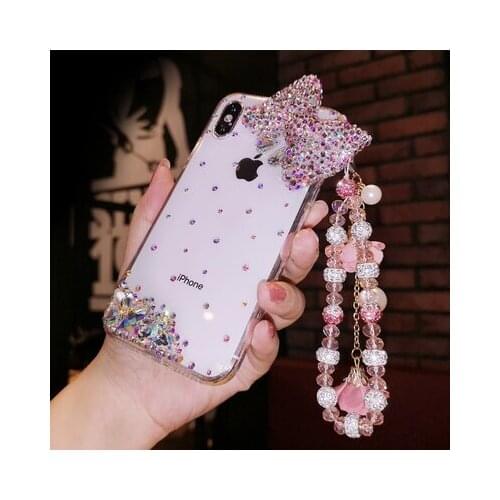 For Samsung S20 Ultra S10 S9 S8Plus Note20 10 Luxury Lovely Girls Bow Tie Bling Glitter Diamond Rhinestone Wrist rope Case Cover