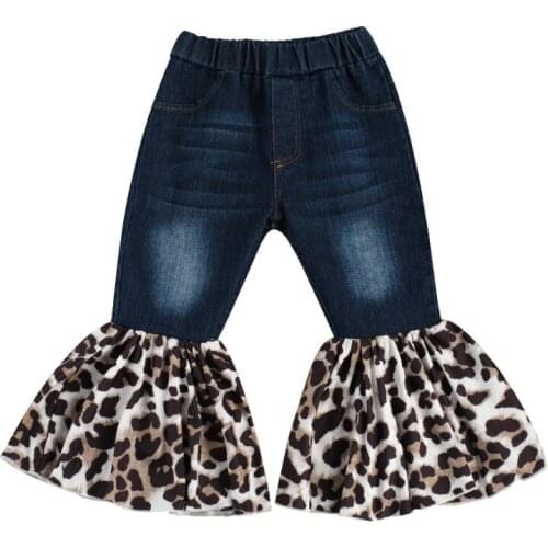 Spring Autumn Little Girls' Flare Pants, Elastic Waist Leopard Print Boot Cut Denim Long Trousers with Pocket