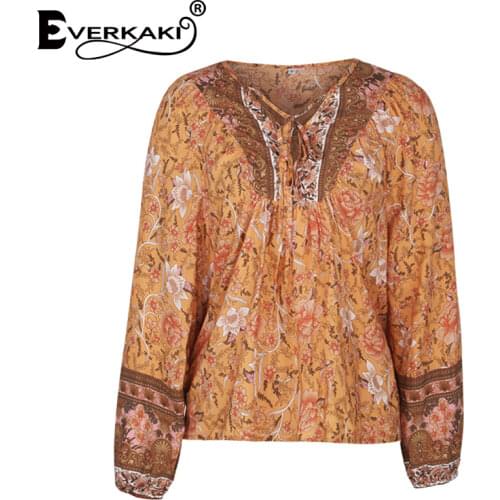 Everkaki Boho Floral Print Long Sleeve Tops Women Summer Beach Oversize Loose Ethnic Y2K Tees Chic T-shirts Female 2021 Clothing