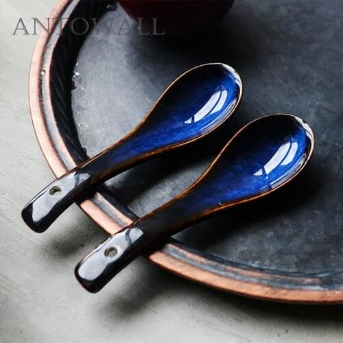 ANTOWALL Dim Blue Ceramic Soup Spoon Soy Sauce Dish Spoon Set