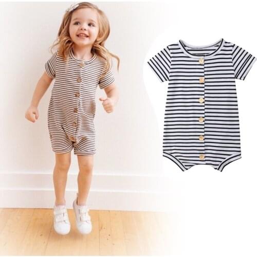 0-24M Newly Toddler Baby Girls Boys Summer Casual Romper Cotton Striped Single Breasted Romper Jumpsuits