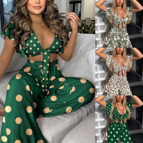Two Piece Set Women Suit V-Neck Solid Color Lotus Leaf Sleeves Non-Positioning Printed Top And Trousers Two-Piece Suit Urbano