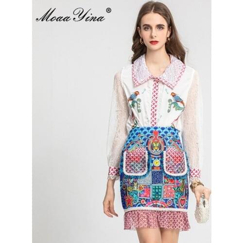 MoaaYina Fashion Designer Summer Skirts Set Womens Lace Long sleeve Printed Shirts and Slim Mermaid Mini Skirts Suit