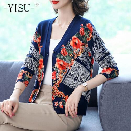 YISU Fashion Sweaters Cardigan Women soft Cardigan Fashion long Sleeve V-neck Printed sweater cardigan Autumn Sweaters Coat
