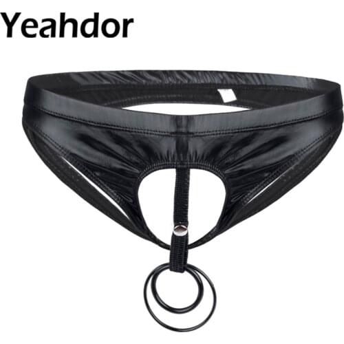 Men Sexy Lingerie Bikini Briefs Thong Underwear with Penis Hole O-Rings Patent Leather Open Butt Hot Gay Male Sissy Panties