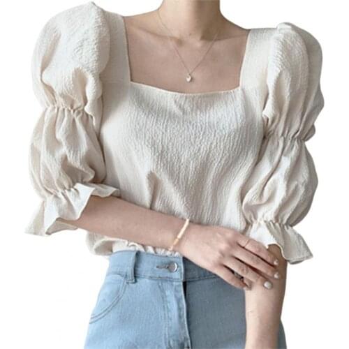 New Stylish Korean Style Shirt Puff Long Sleeve Top Vintage All Match Short Square Neck Summer Blouse for Dating Streetwear