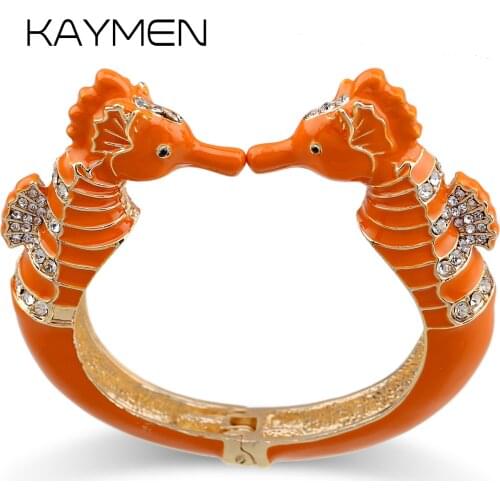 New Arrived Trendy Statement Enamel Bangle Cuff Bracelet for Women Gold Plated Inlaid Rhinestones Sea Horse Bracelet Pulseira