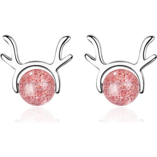 New 925 Sterling Silver Jewelry Simple Strawberry Crystal Antlers Pink And Gray Cute Deer Lovely Elk Stud Earrings SE683