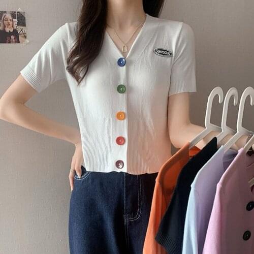Solid Colorful Buttons Elegant Knitted Summer Tops Women T-Shirt Short Sleeve V-Neck Casual Crop Tops Woman Tee Shirts 2021