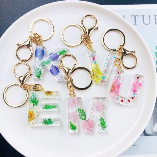 Custom Initial Letters A - Z Keychain Personalized Cast Resin Original Real Flower Letter Keychain Trendy Jewelry Floral Keyring