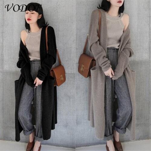 VODOF Casual Long Knitted Cardigan Women Tops Vintage Loose Sweater Coat Solid Oversized Jumper Korean Fashion Clothes