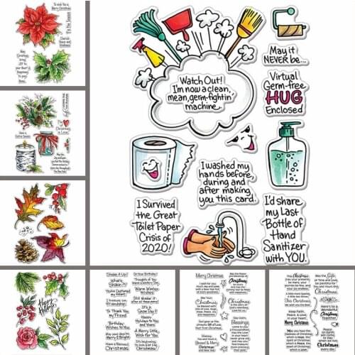 Clear Stamps Elegant Poinsettia Holly Flowers Toilet Paper Clean Items Merry Christmas Blessing Letter Words DIY Craft 4*6 inch