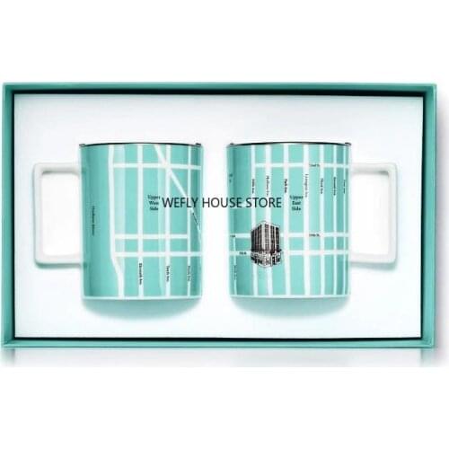 Blue Ceramics Mugs Coffee/Tea/Milk/Water Cups 2 Pieces Set WIth Box & Bag Wedding Birthday Gifts Party Drinking Utensils 300ML