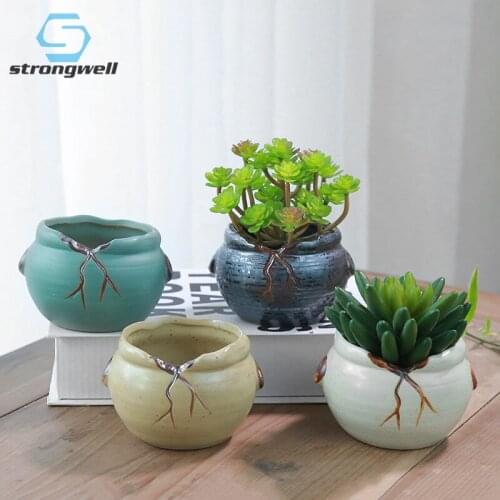 Strongwell Vintage Cracked Ceramic Flowerpot Handicrafts Mini Potted Desktop Decoration Accessories Succulent Planter Bonsai