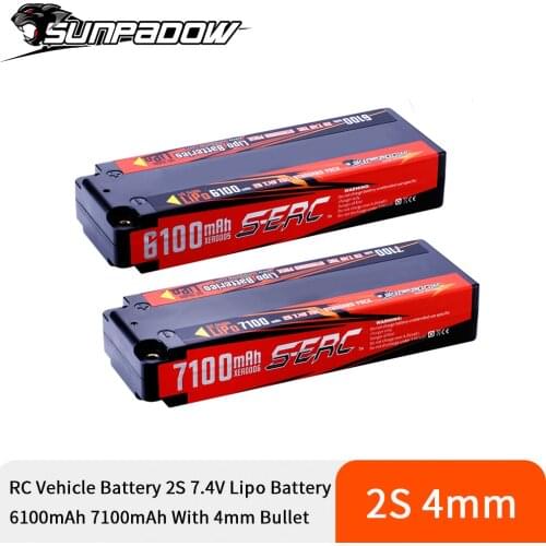 SUNPADOW 7.4V 2S Lipo Battery 70C 7100mAh Hard Case with T Plug 4mm Bullet for RC Vehicles Car Truck Tank Truggy Buggy Racing