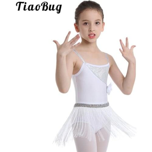 TiaoBug Kids Girls Shiny Sequins Tassels Latin Dance Leotard Dress Children Elastic Straps Rumba Salsa Tango Stage Dance Costume