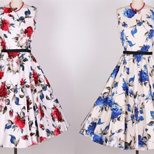 BZ51 100*140cm Red Roses Blue Rose Printed Cotton Satin Fabric Drill For Dress Home Textiles DIY Sewing Fabric For Women Dresses