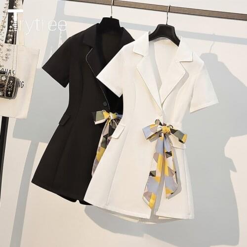 Trytree 2021 Summer Women Two Piece Set Casual Notched Lapel Ribbons Coat + Wide Leg Shorts Zip Solid Office Lady 2 Piece Suit