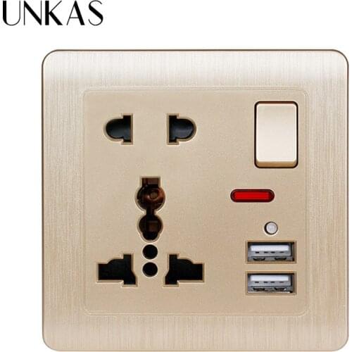 UNKAS Stainless Steel Frame Black Outlet Wall Power Socket UK Standard Socket With Neon 2.1A Dual USB Charger Port