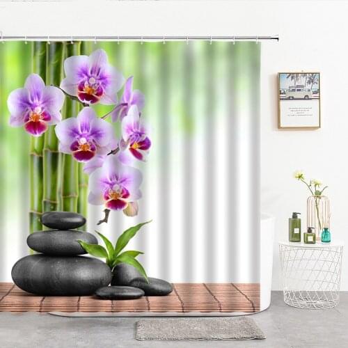 Zen Black Stone Green Bamboo Purple Flower Shower Curtains Relax And Calm Bathroom Curtain Hook Bathtub Decor Bathroom Products