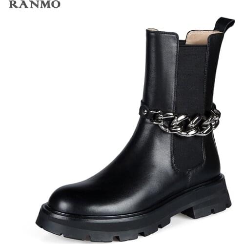 Fashion Chain Women Genuine Leather Ankle Boots Round Toe Concise Working Casual 2021 Autumn Winter Shoes Woman platform shoes