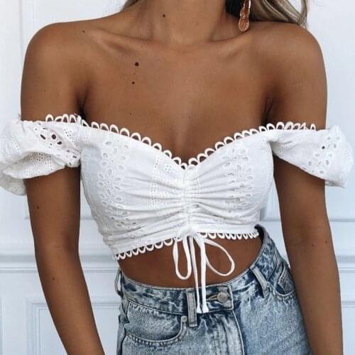 Women Summer Sexy Off Shoulder Tops Hollow Out Lace Up Chest Vest Short Sleeve White Top Tee Shirt Boho Streetwear Vacation 2021