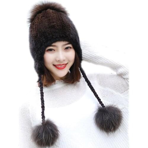 Women Real Mink Fur Hats Winter Cap With Fox Fur Balls Earmuffs Skullies Beanie Hand-Woven Fluffy Soft