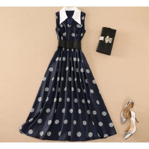 High Quality New Celebrity Style Long Dress 2021 Summer Women Turn-down Collar Polka Dot Print Sleeveless Dark Blue Maxi Dress