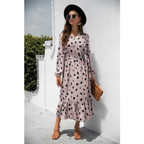 Women Autumn Winter Long Sleeve Dress Ruffles Hem 2021 Patchwork V Neck A-line Polka Dot Sashes Black Casual Dresses