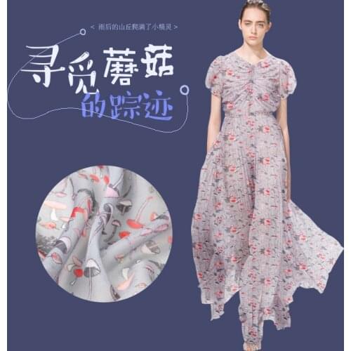 100%Pure PRINTED SILK CHIFFON 135cm width 8momme Silk Chiffon Roll Yarn Fabric New Arrival 2018 Free Shipping Mushroom Elf 048