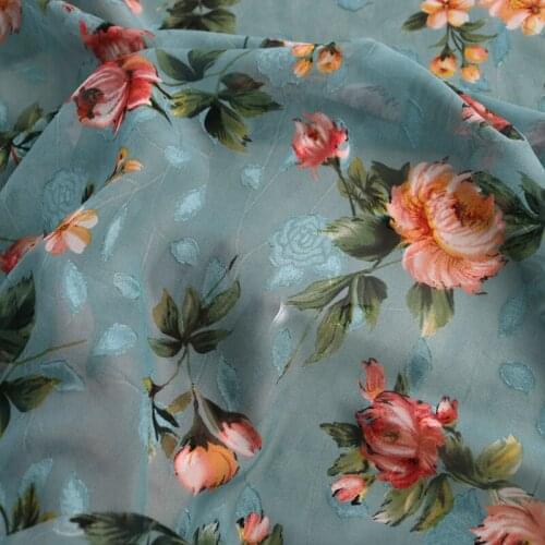 100cm*148cm Blue Floral Chiffon Fabric Jacuard Material For Dress