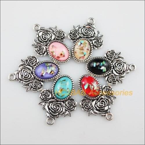 6 New Oval Flower Resin Pendants Shivering Mixed Charms Tibetan Silver 23x32mm