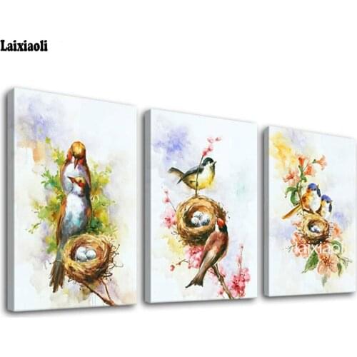 Diy 5d diamond painting cross stitch 3pcs/set,Bird Flower Birds eggs Family Pictures Diamond Embroidery mosaic home decoration