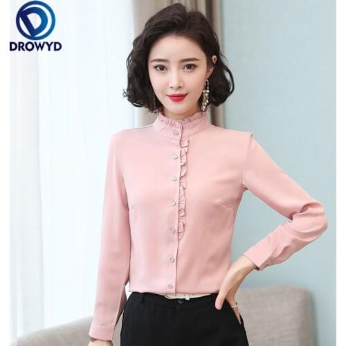 Korean Women Blouses Chiffon Blouse Women Long Sleeve Shirt Woman Vintage Ruffles Shirts Tops Woman Pink Red Blouse Shirts 3XL