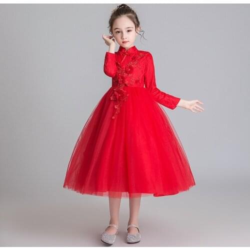 Flower Girl Party Chinese Style Wedding Bridesmaids Dress Girls Lace Birthday Party Graduation Party First Eucharist Dress