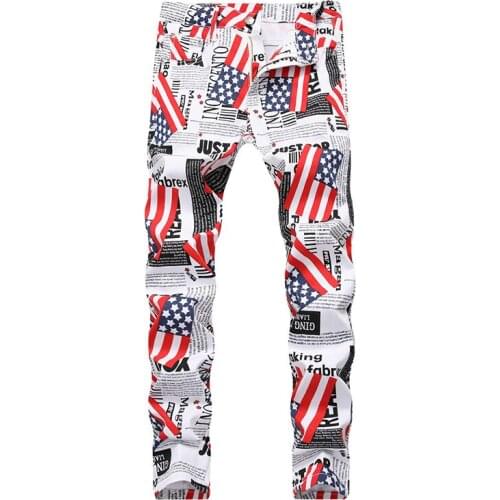 New Mens Male American Flag Paper Letters Printed jeans Fashion Casual White lightweight denim slim pants