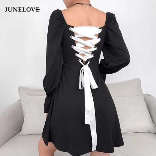 JuneLove Square Collar Back Strap Long Sleeve Sexy Dresses Womens Fashion Elegant Spring Party Dress Casual Womens Clothing