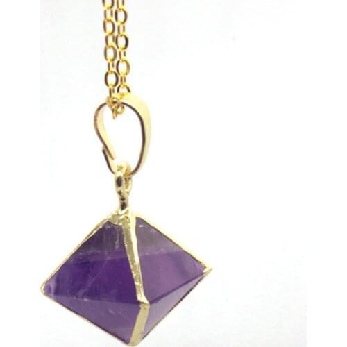 Kraft-beads Light Yellow Gold Color Rose Pink Quartz Square Pyramid Pendant Rock Crystal Necklace with Chain Jewelry