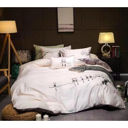 Luxury Tribute silk bedding set queen king size 60S bed set 4pcs 100% cotton duvet cover bed sheet sets Embroidered white grey
