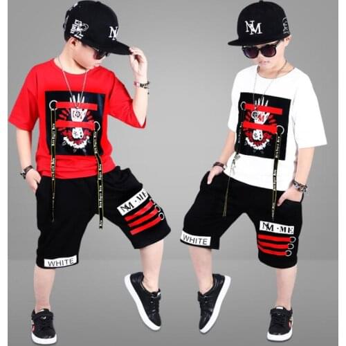 2 Pieces Suit Kids Teenage Boys Clothing Sets Hip-hop Dancing Sports Tracksuits Cotton T-shirt + Shorts Boys Summer Outfits
