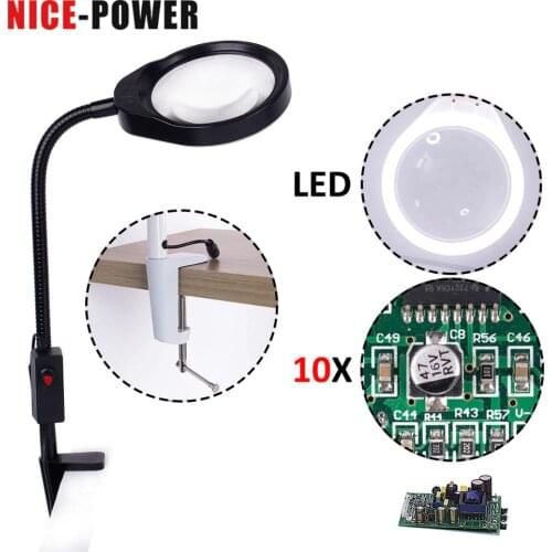 Nice-power 10X 8X Magnifier 48 LED Light Magnifier & Desk Lamp Helping Desktop Magnifying Tool Desktop Magnifier Can Clip 12V