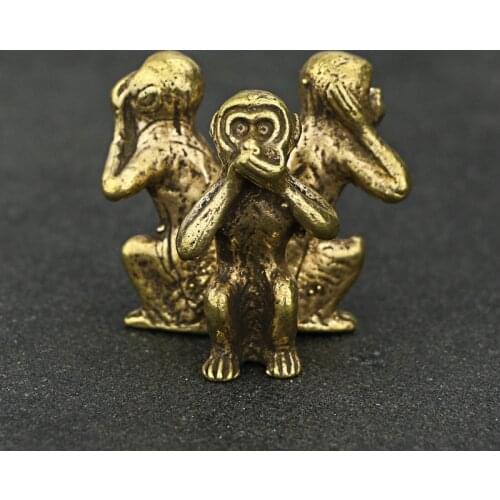 Mini Vintage Brass Cute 3-Monkeys "Do Not Talk" Statue Animal Sculpture Home Office Desk Decorative Ornament Funny Gift