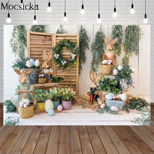 Mocsicka Easter Backdrop For Photography Spring Flower Bunny Eggs Bucket Gray Floor Baby Child Party Background For Photo Studio