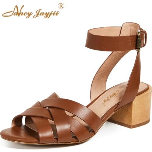 2019 New Summer Brown Woman Sandals Ladies Shoes Chunky Heels Mature Dress Party Classic Buckle Strap Casual Cork Big Size 41 42