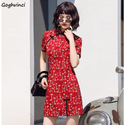 Sexy Dresses Women Sweet Ins Printed High Waist Side Slit Vintage Party Wear Females Mini Cheongsam Modern Elegant Chic Retro
