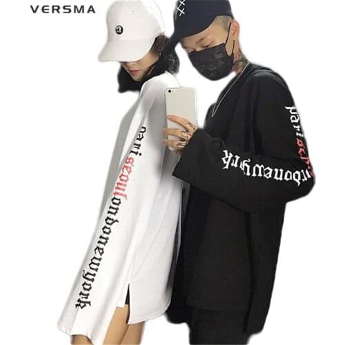 VERSMA Autumn Korean Ulzzang Chic Arm Letters Printed T-shirts Men Women Harajuku BF Hip Hop Loose Extra Long Sleeve T Shirt Men